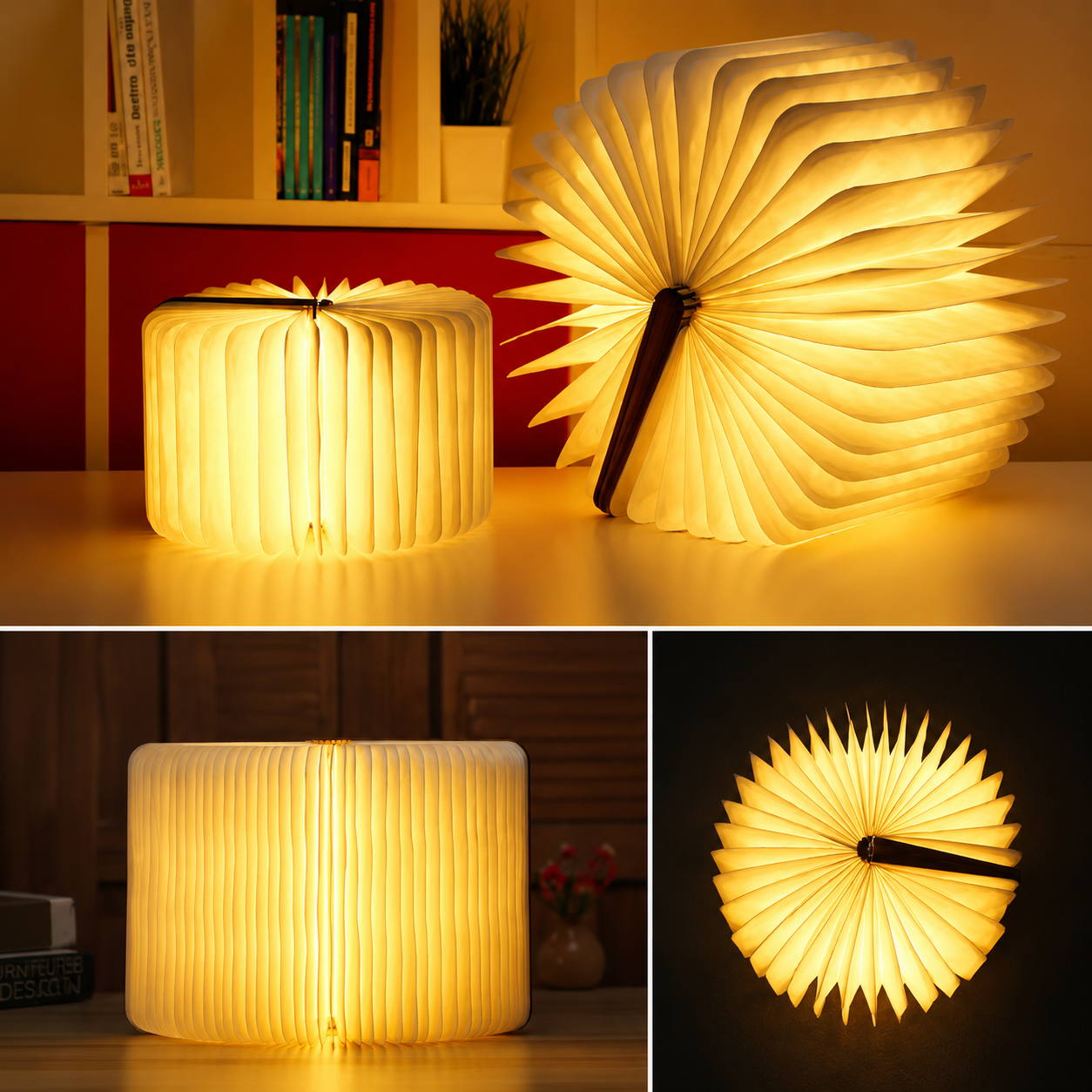 LED Wooden Book Lamp – 3 Ambient Light Modes (USB Rechargeable)